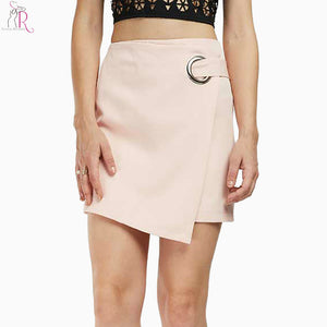 Pink Eyelet Asymmetric Hem Wrap Pencil Mini Skirt Women High Waist Back with Zipper Formal Bodycon Bottom Wear