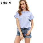 SHEIN Ladies Tops Blue Blouses in Women Summer Blue Striped Peter Pan Collar Short Sleeve Blouse Women Casual Blouses
