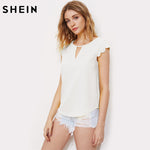 SHEIN White V Notch Front Scallop Trim Curved Hem Top Regular Fitted Tops for Women Cap Sleeve Elegant Summer Blouse