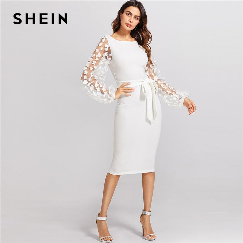 SHEIN Plus Floral Embroidered Applique Mesh Bishop Sleeve Dress