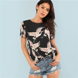 SHEIN Red-crowned Crane Print Top 2018 Summer Round Neck Short Sleeve Casual Top Women Black Floral Animal Print Blouse