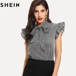 SHEIN Womens Gray Tied Neck Ruffle Sleeve Summer Casual Tops And Blouses 2018 New Elegant Office Lady Party Glitter Top Clothing