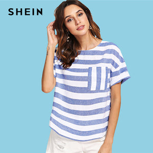 SHEIN Multicolor Weekend Casual Pocket Front Striped Round Neck Short Sleeve Blouse Summer Women Going Out Shirt Top