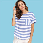 SHEIN Multicolor Weekend Casual Pocket Front Striped Round Neck Short Sleeve Blouse Summer Women Going Out Shirt Top