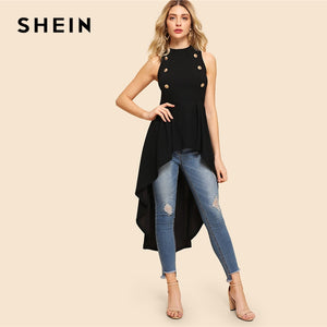 SHEIN Black Elegant Party Double Button Asymmetrical Embellished Dip Hem Shell Round Neck Blouse Summer Women Casual Shirt Top