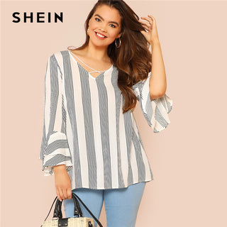 SHEIN Black and White Striped Criss Cross Front Flounce Sleeve Plus Size Casual Blouses Autumn Womens Tops and Blouses