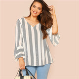 SHEIN Black and White Striped Criss Cross Front Flounce Sleeve Plus Size Casual Blouses Autumn Womens Tops and Blouses
