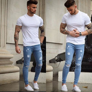 slim fit with Pleated Washed streetwear jeans 2018 skinny blue Jeans Trousers for Man New Men Ripped holes Denim jeans pants men